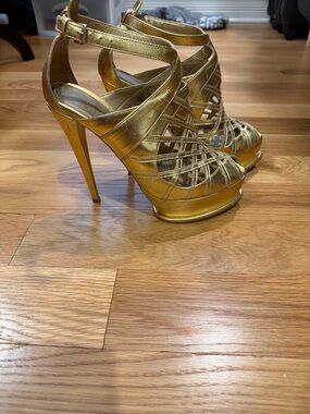 Gold Strappy High-Heel Platform Sandals
